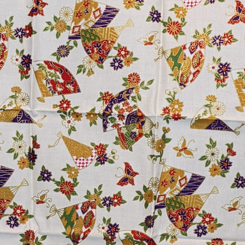 NWOT Vintage Japanese Handkerchief - Fans, Butterflies & Flowers